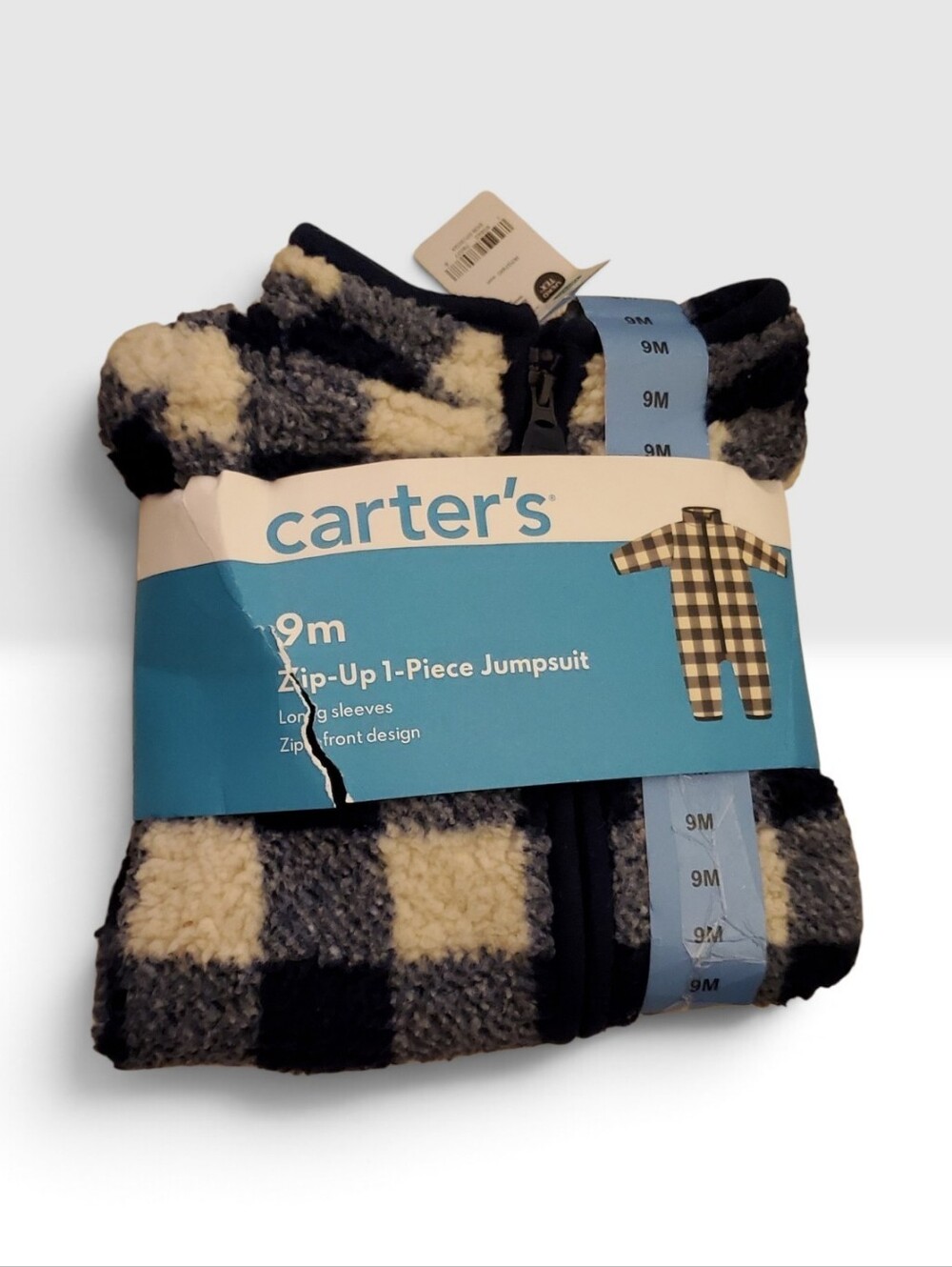 Carter’s Baby 9M Sherpa Buffalo Plaid Zip-Up 1-Piece Jumpsuit Navy White